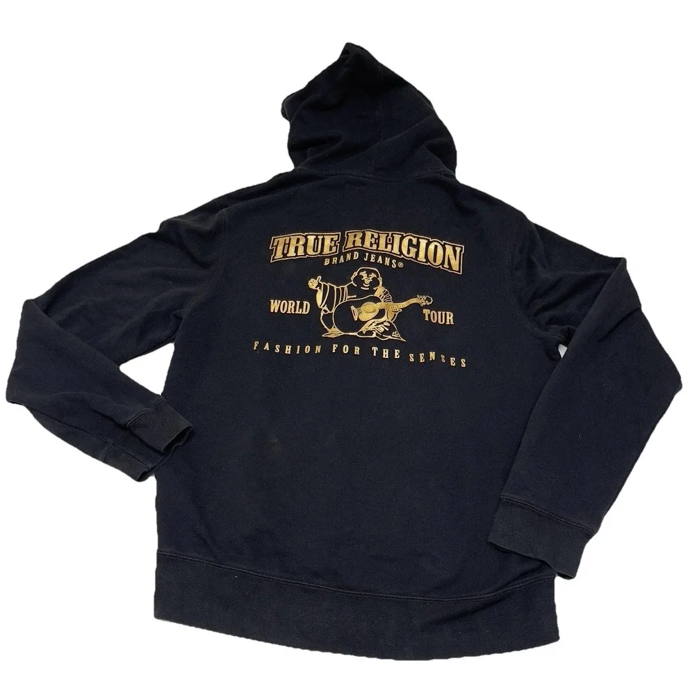 True Religion‎ Jacket Hoodie Men Medium Black Metallic Gold Double Puff Full Zip